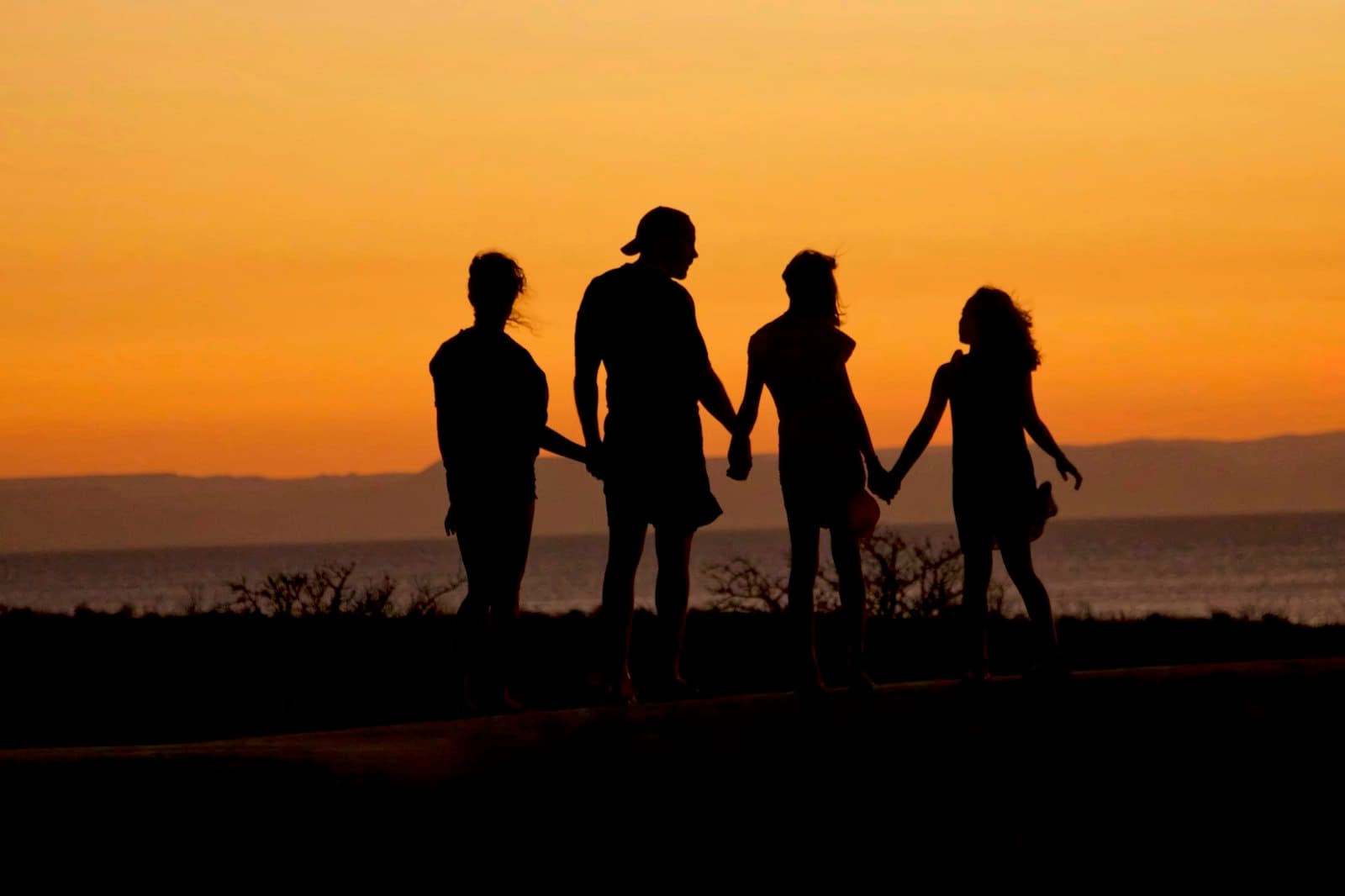 Een gezin hand in hand als silhouet bij zonsondergang