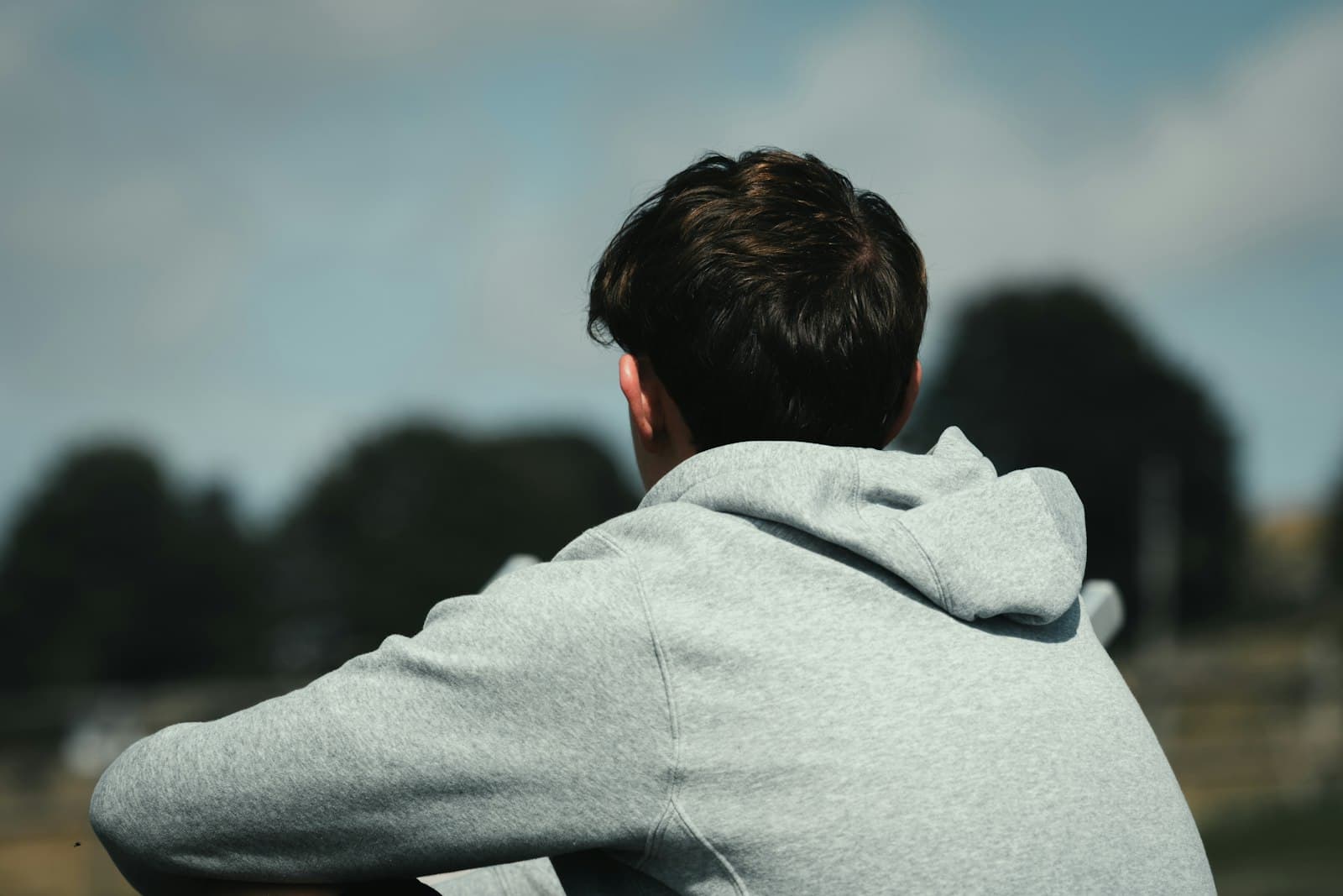 Een jongere in een hoodie, van achteren gezien, kijkt uit over het landschap